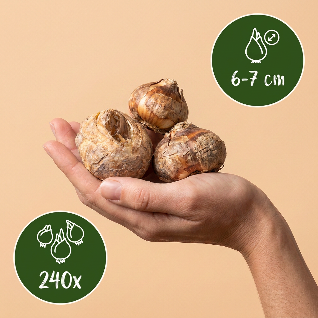 Bulbes de Fritillaire pintade en mélange tenus dans une main, calibre 6-7 cm, lot de 240 bulbes.