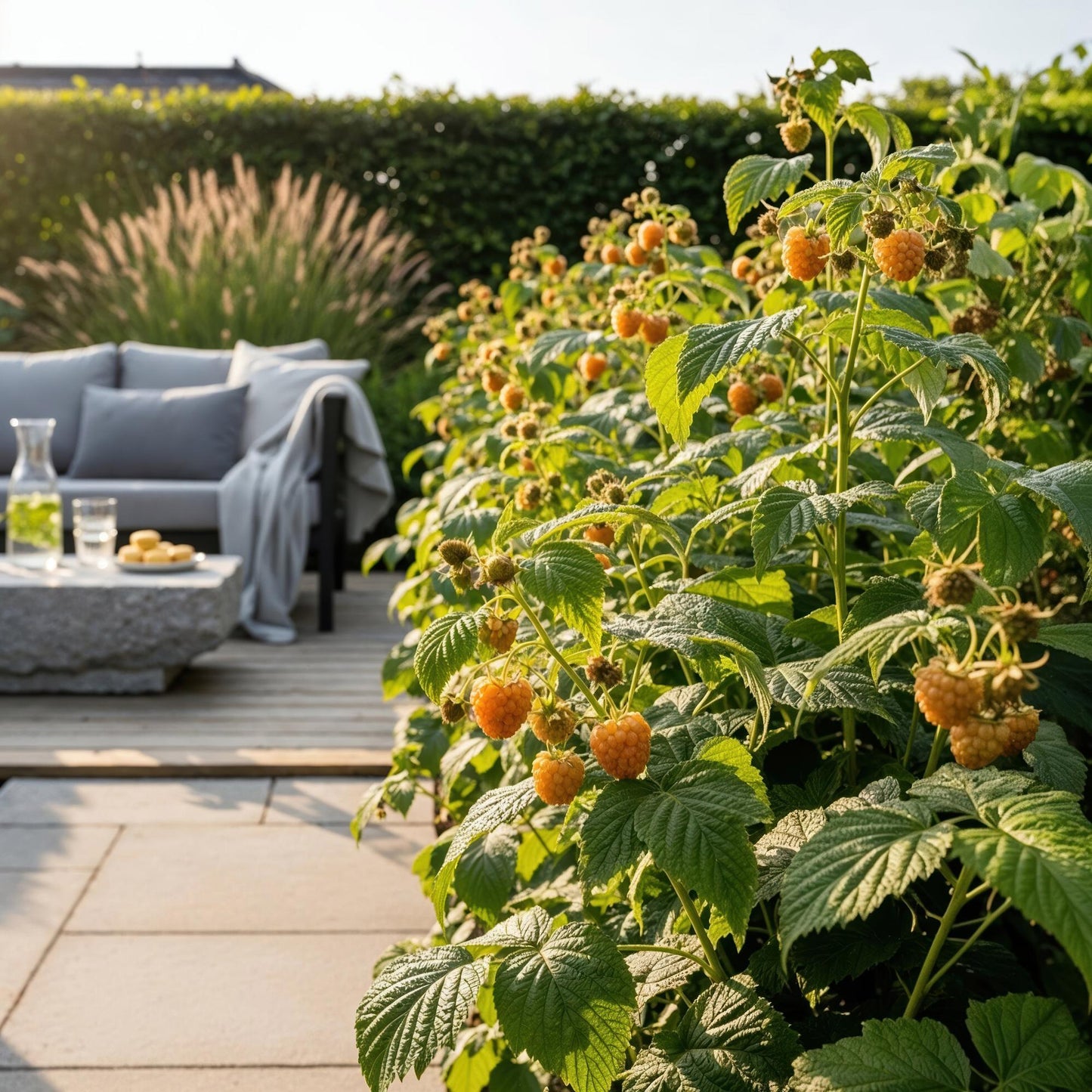 Framboise Fallgold avec ses framboises jaunes matures, en arrière-plan flou un salon de jardin moderne sur une terrasse en bois.