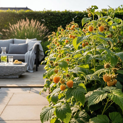 Framboise Fallgold avec ses framboises jaunes matures, en arrière-plan flou un salon de jardin moderne sur une terrasse en bois.