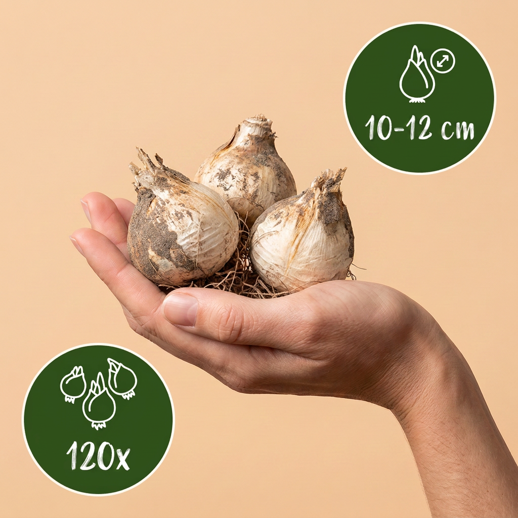 Bulbes d'Ail d'ornement 'Purple Sensation' tenus dans une main, calibre 10-12 cm, lot de 120 bulbes.